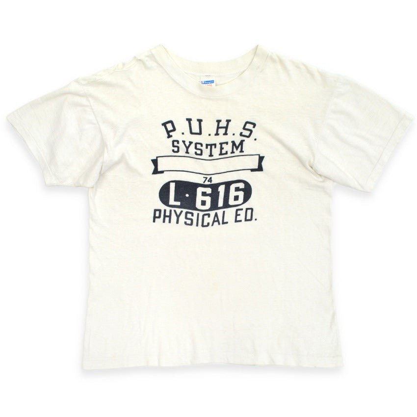 70's Champion Bar Tag Black x White Discharge Print T-Shirt with some distressing... L