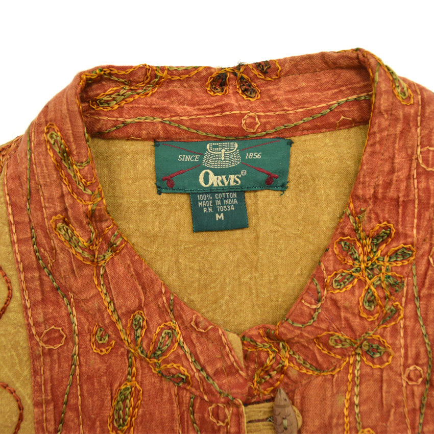 90's ORVIS Indian Cotton Embroidered Jacket with Fish Buttons... M