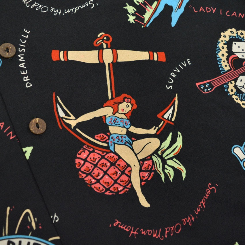 1980's~ JIMMY BUFFETT VOLCANO BLACK ALOHA SHIRT...M