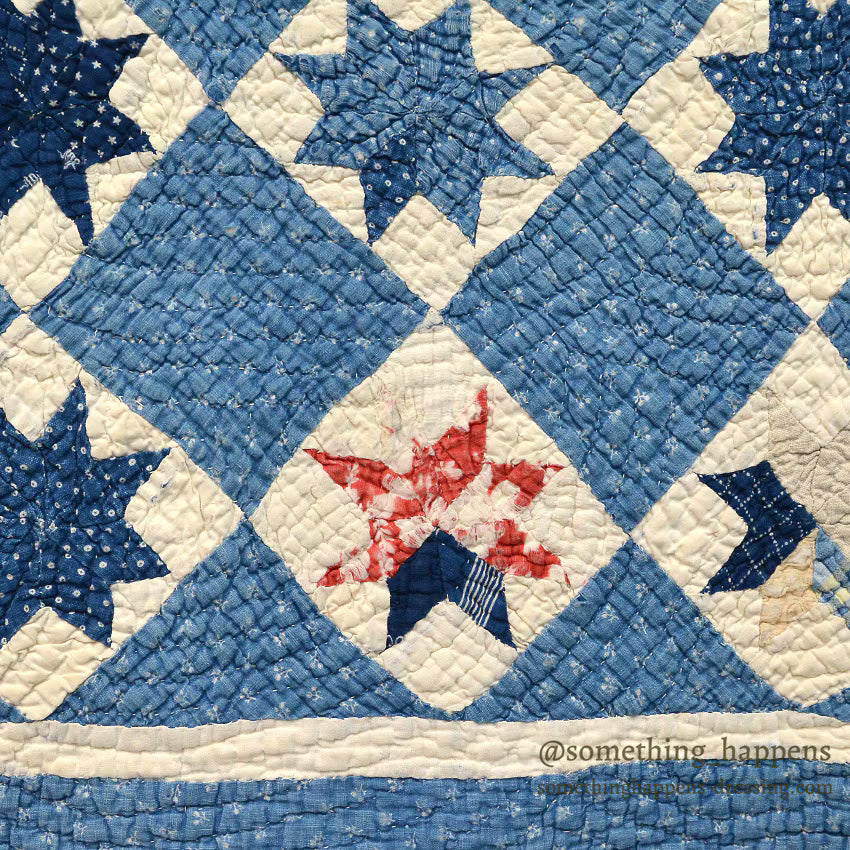 ANTIQUE EIGHT POINT STAR INDIGO CALICO PATCHWORK CRIB QUILT... 103cm/100cm