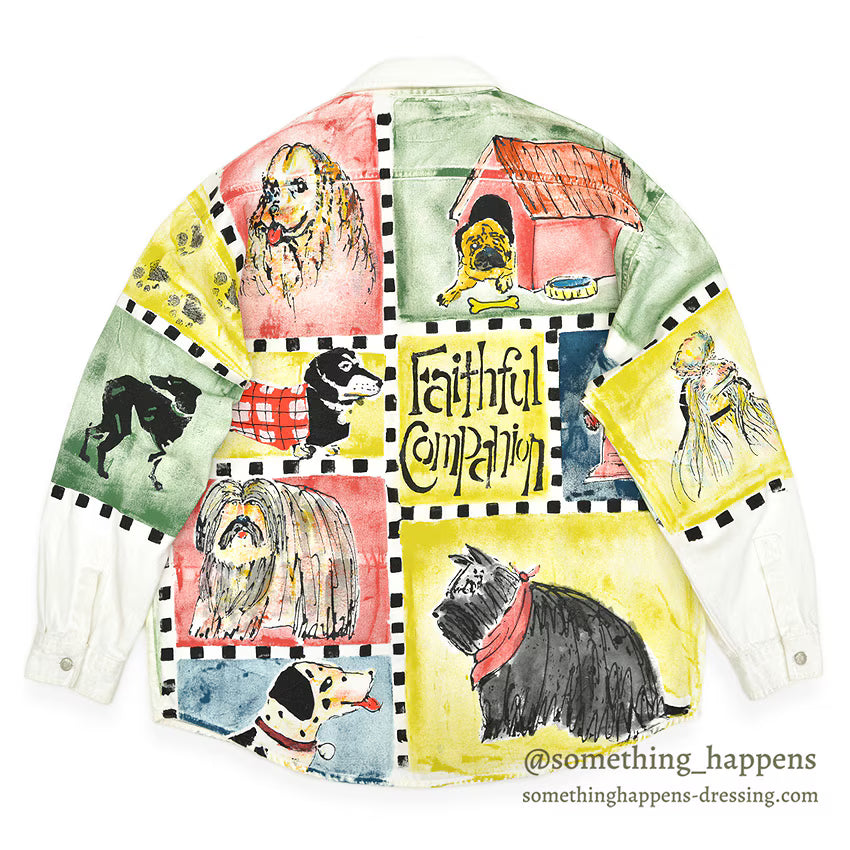 1990's~ FAITHFUL COMPANION DOG ART PAINT WHITE DENIM SHIRT ...