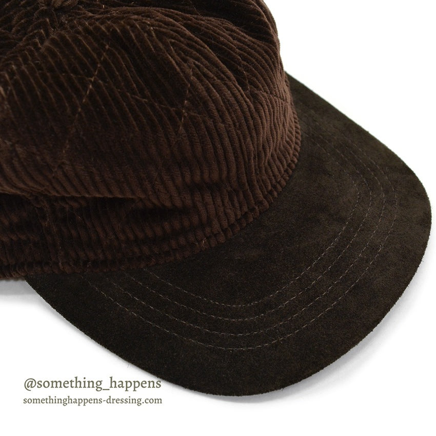 1990's EDDIE BAUER QUILTED CORDUROY & SUEDE DARK BROWN CAP...