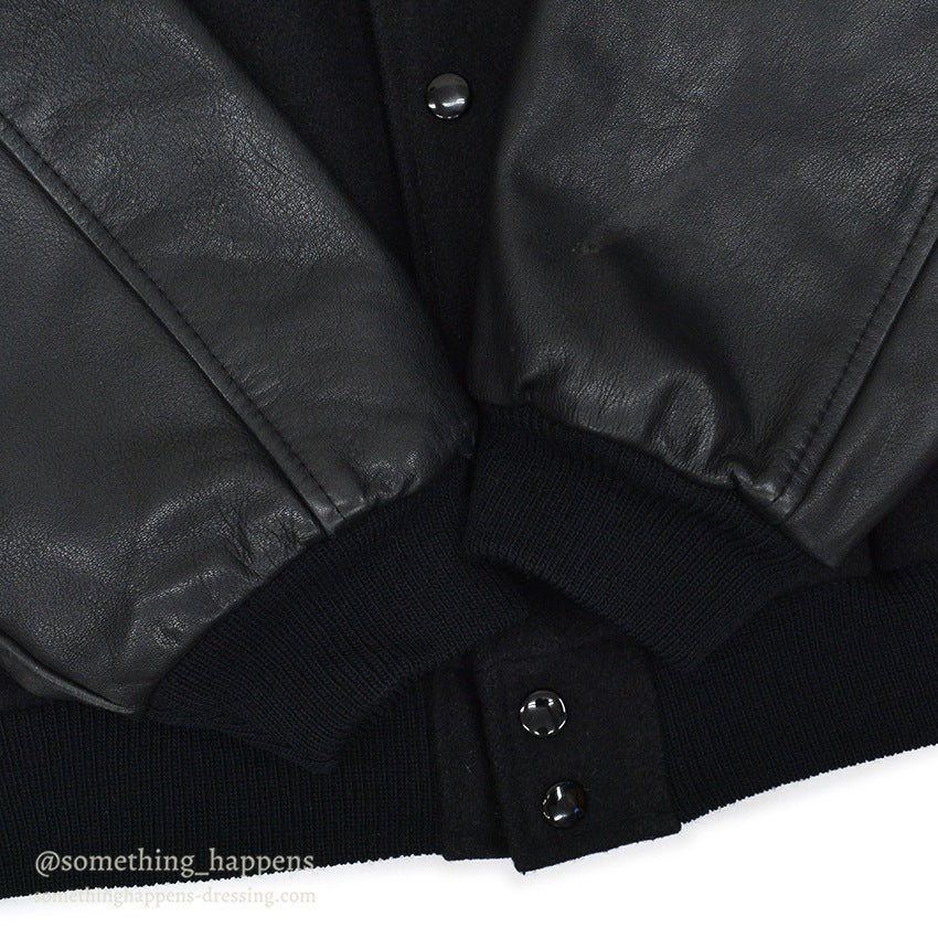 1990's GOLDEN BEAR ALL BLACK WOOL / LEATHER VARSITY JACKET... L