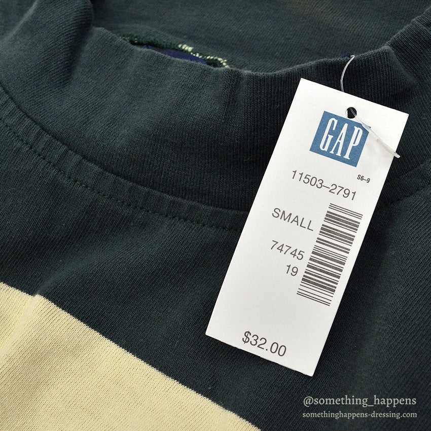 1990's DEADATOCK GAP GREEN/CREAM WIDE STRIPE COTTON L/S TEE ... S