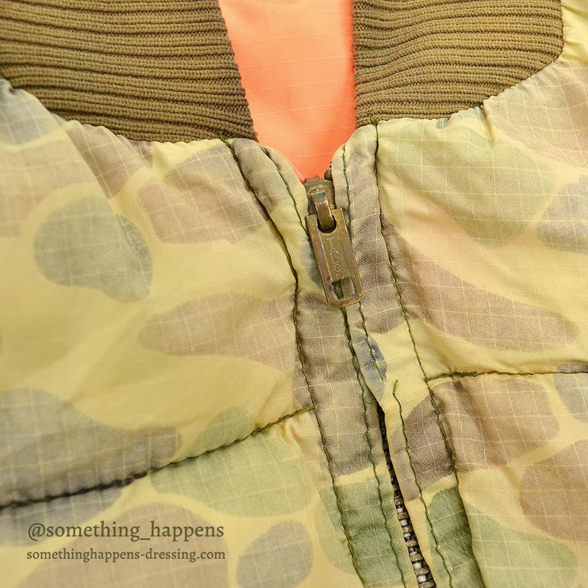 1960's~ CAMO / ORANGE REVERSIBLE NYLON PADDED VEST / FADED...