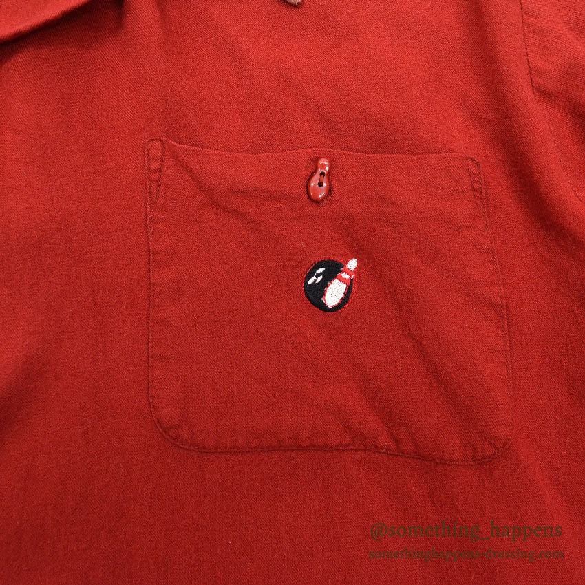 1960's TWO-TONE EMBROIDERY BOWLING RAYON SHIRT / UNIQUE BOWLING PIN BUTTON ...