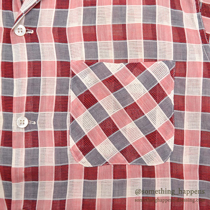 1950's MAYCREST SMALL BLOCK PLAID MESH SHIRT / UNUSUAL WEAVE ... M