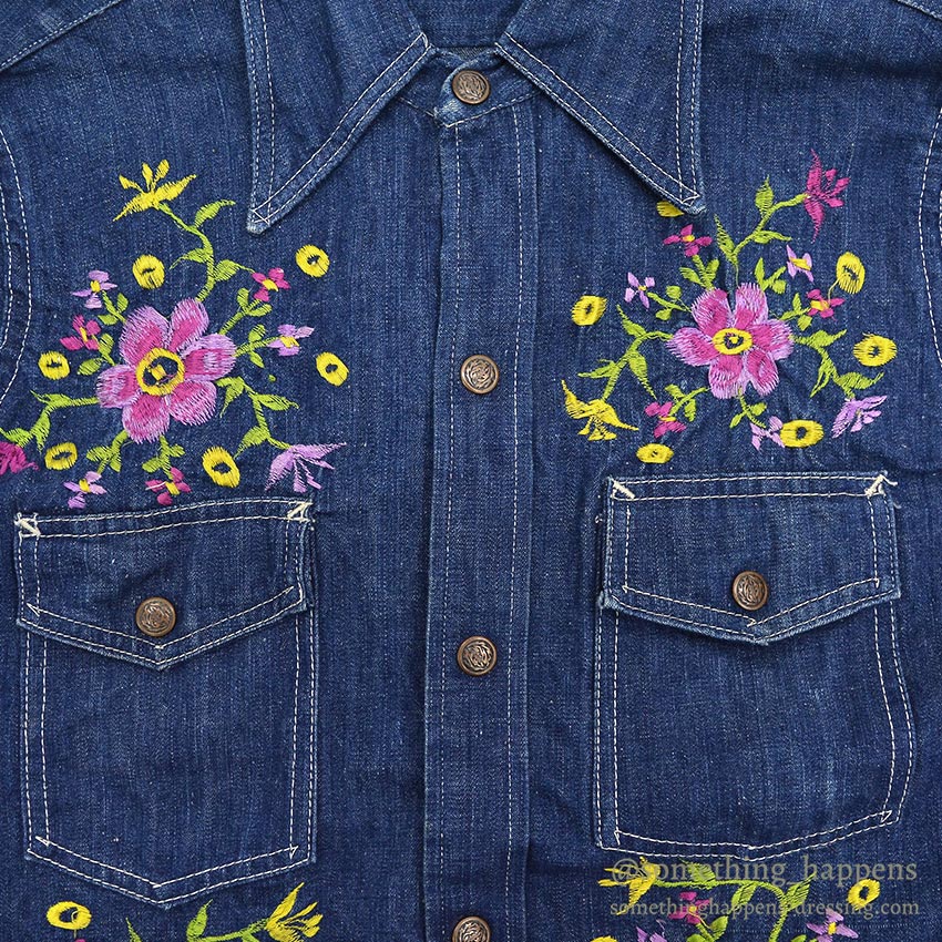 1970's LEMAY MEXICAN HIPPIE EMBROIDERED DENIM SHIRT ... M