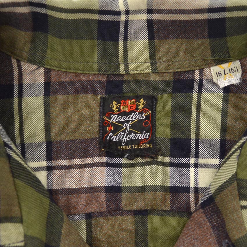 ~1960's Needles California GREEN & BLACK PLAID RAYON SHIRT...L