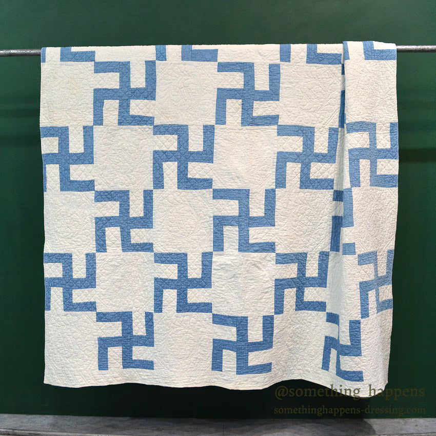 ANTIQUE WHIRLING LOGS, SWASTIKA PATCHWORK QUILT... 206cm/164cm