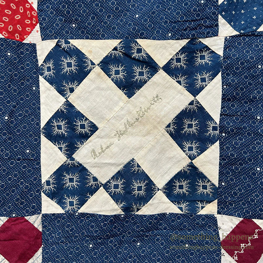 c.1900's ANTIQUE INDIGO CALICO SIGNATURES ALBUM QUILT TOP ... 210cm/168cm