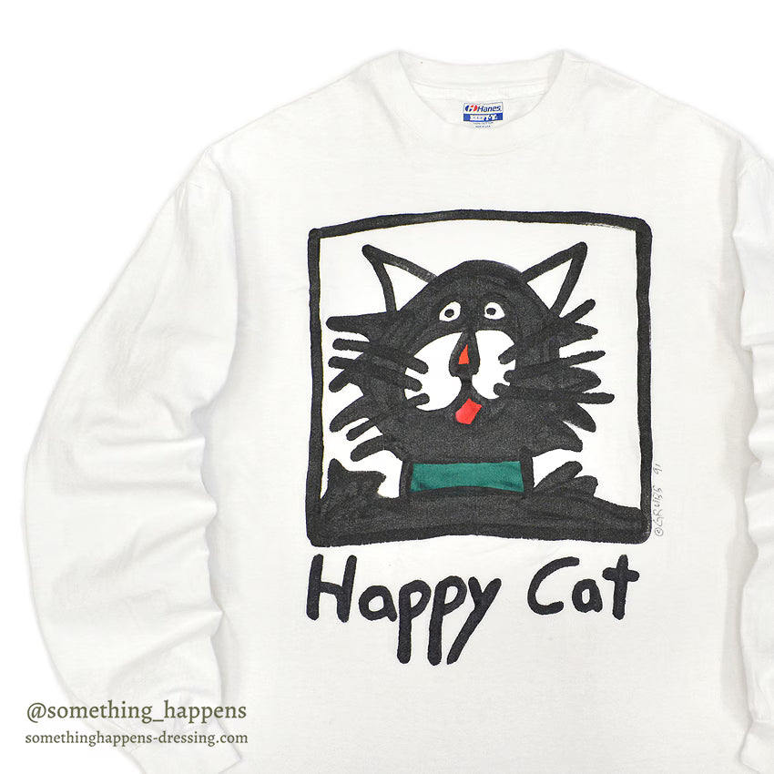 1980's~ HANES HAPPY CAT ART HAND PAINTED L/S TEE ... XL