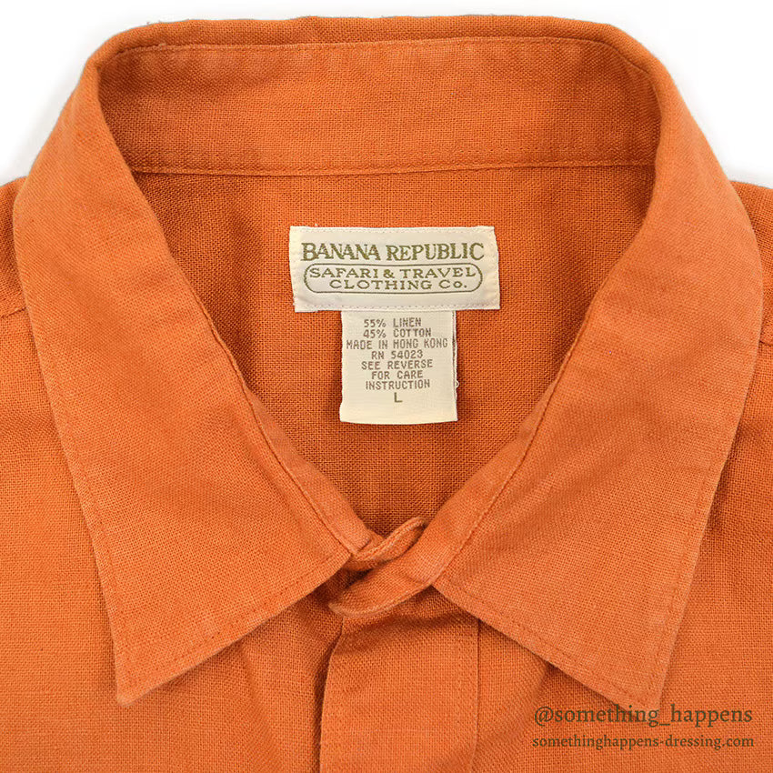 1980's BANANA REPUBLIC SAFARI & TRAVEL ORANGE LINEN SHIRT ... L