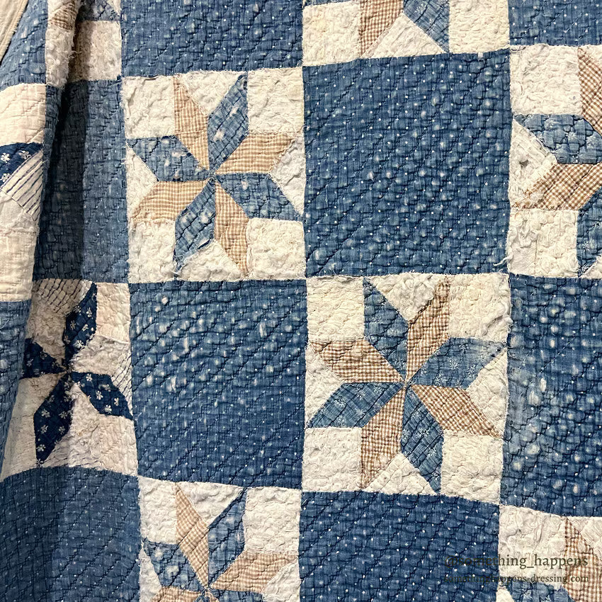 ANTIQUE EIGHT POINT STAR INDIGO CALICO PATCHWORK QUILT... 202cm/168cm