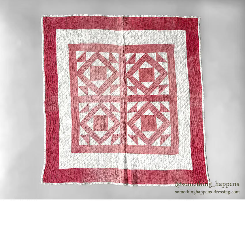 ANTIQUE RED / WHITE DOUBLE SQUARE PATCHWORK CRIB QUILT... 100cm/94cm