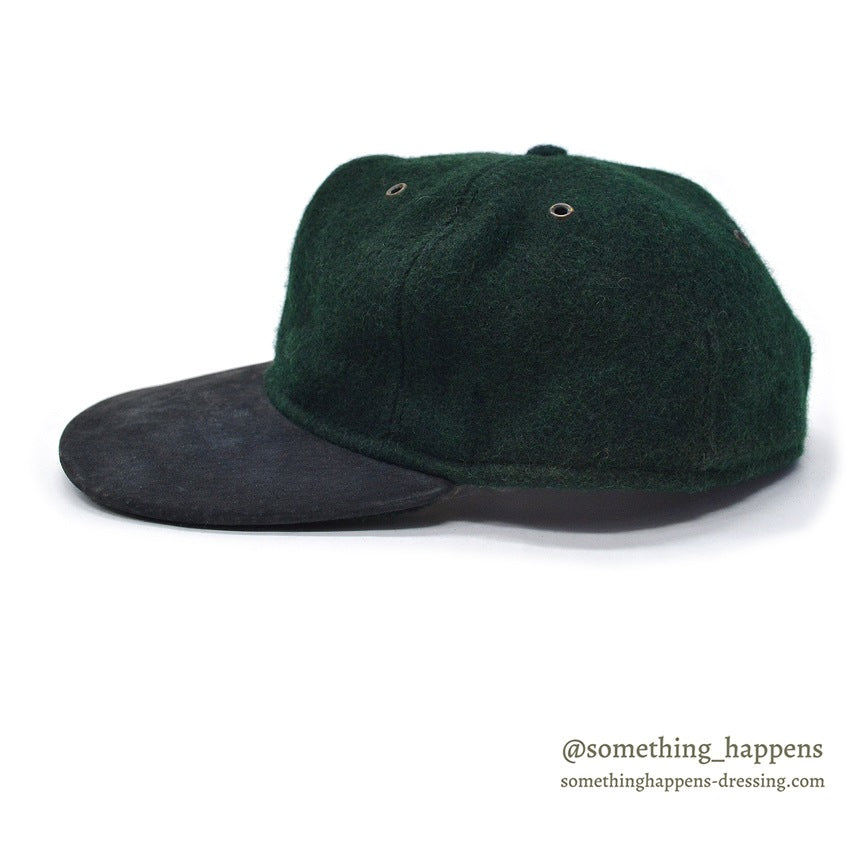 1990's LAKE OF THE ISLES GREEN WOOL / SUEDE LEATHER CAP... L