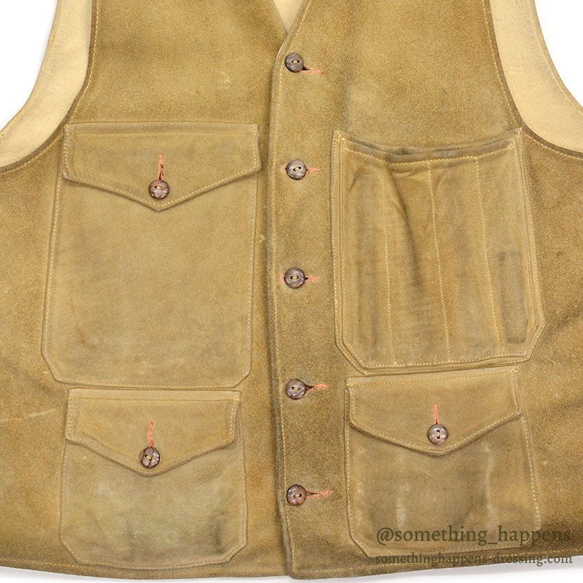 1950's~ OLD SPLIT LEATHER SUEDE HUNTING VEST / UNUSUAL POCKETS...