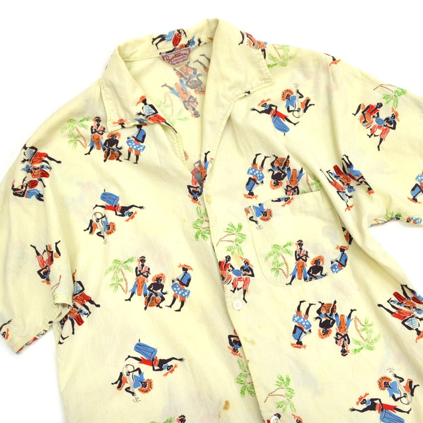 60's Sportswear Black Print Italian Collar Aloha Shirt...