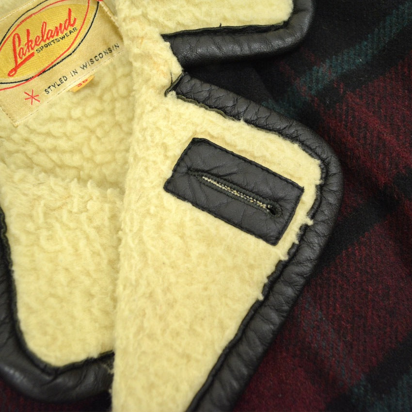 1950's~ Lakeland PLAID CHECK WOOL COAT WITH LEATHER TRIM... 38