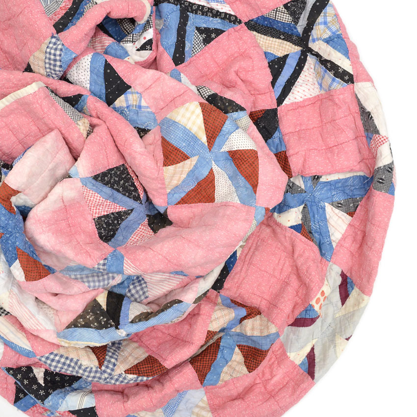 OLD PATCHWORK CALICO PINWHEEL / STRING PIECING QUILT... 148cm×188cm