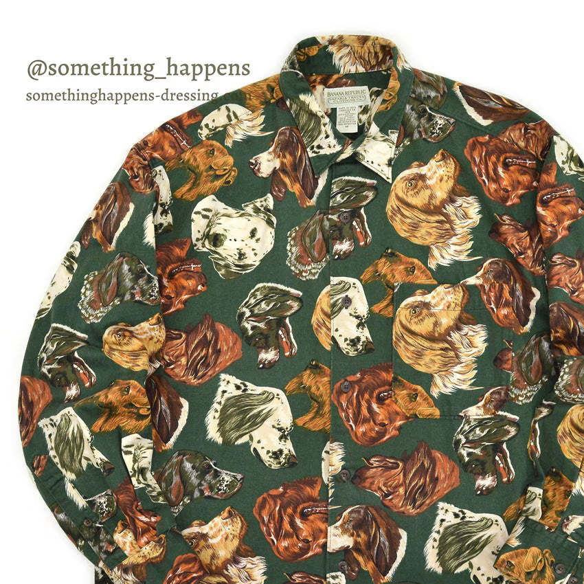 1980's BANANA REPUBLIC SAFARI & TRAVEL DOG PRINT SHIRT ... M