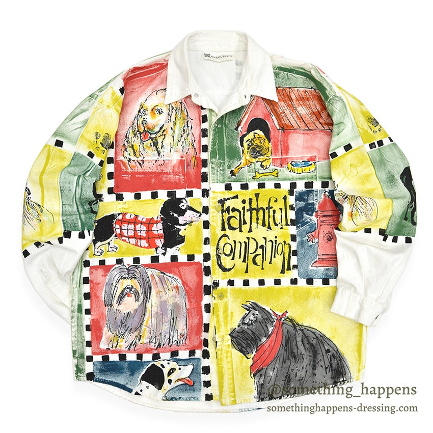1990's~ FAITHFUL COMPANION DOG ART PAINT WHITE DENIM SHIRT ...