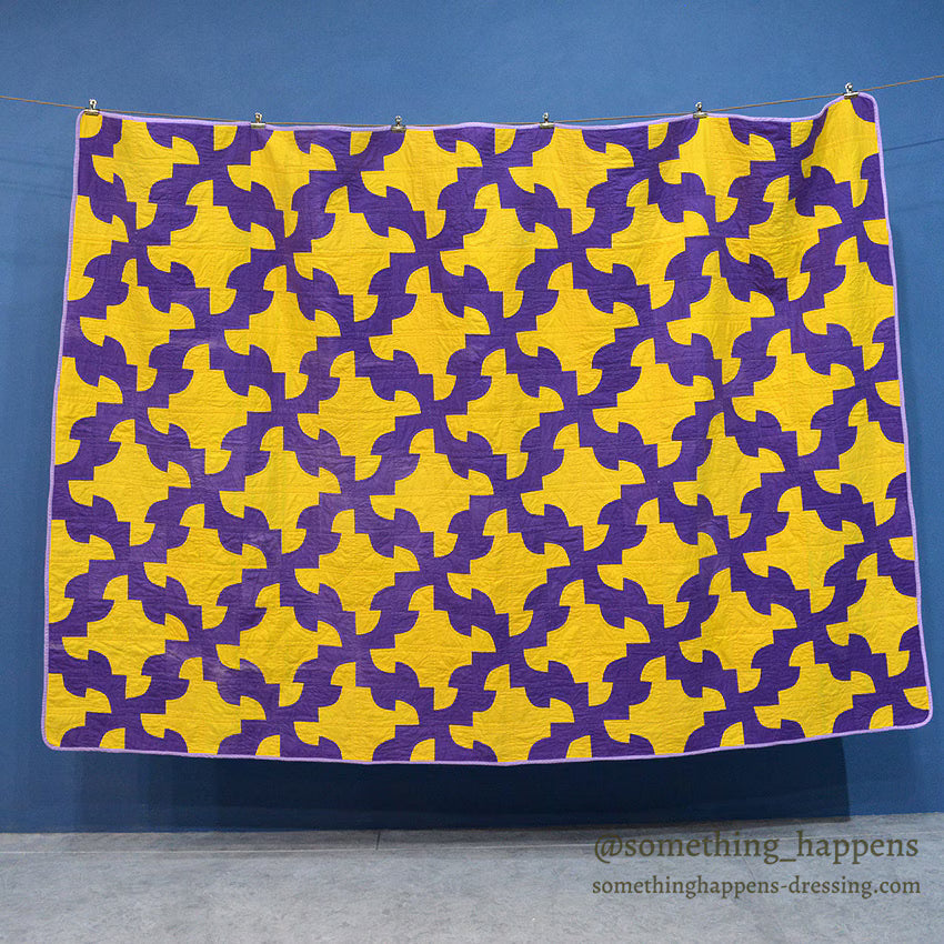 DRUNKARD'S PATH PURPLE & YELLOW PATCHWORK QUILT... 208cm/146cm