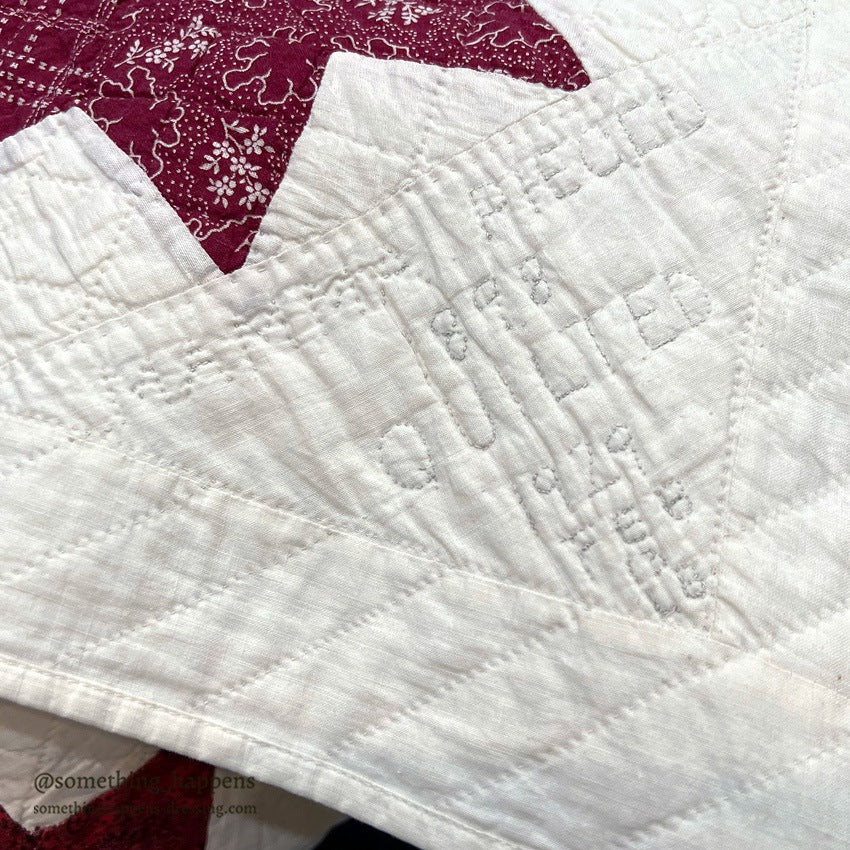 ANTIQUE 1898 to 1929 QUILTED RED STAR QUILT... 190cm/183cm