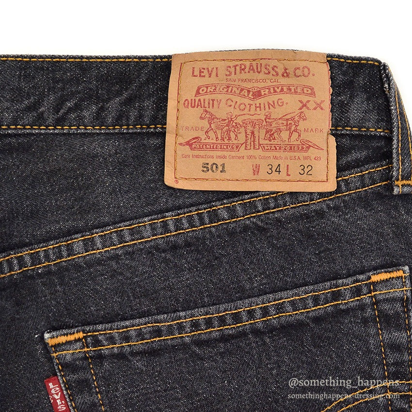 Levi's 501 BLACK DENIM PANTS Made in USA ORANGE STITCH... W34/L32
