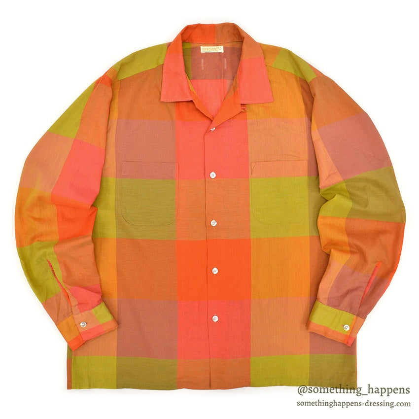 1960's~ OVEN-SET BLOCK PANEL PLAID SHIRT ... L
