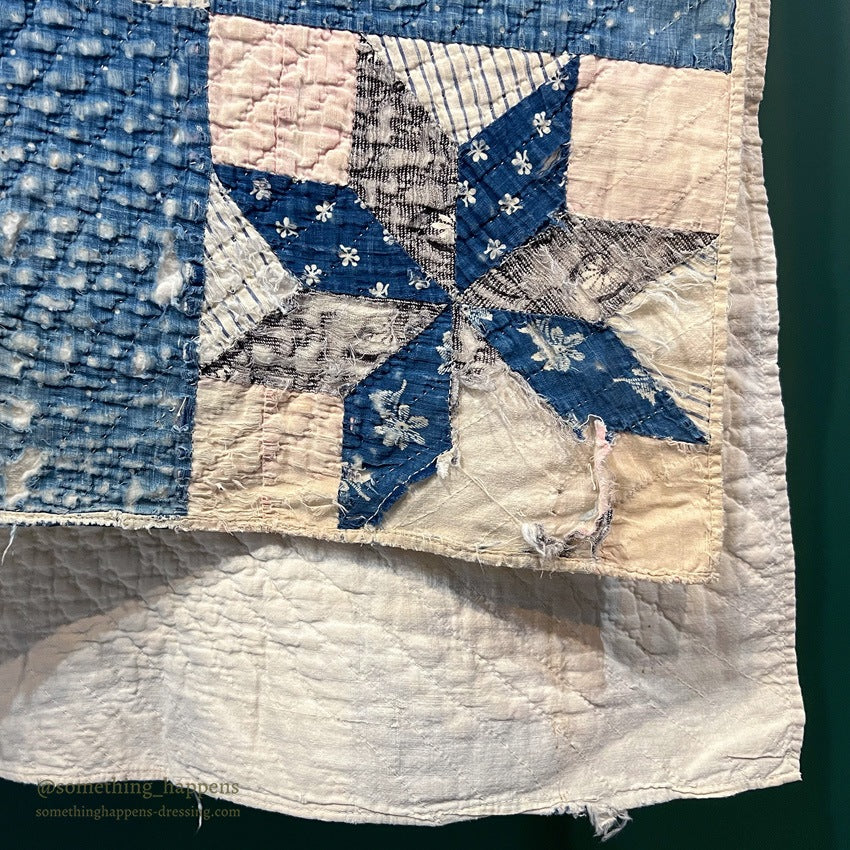 ANTIQUE EIGHT POINT STAR INDIGO CALICO PATCHWORK QUILT... 202cm/168cm