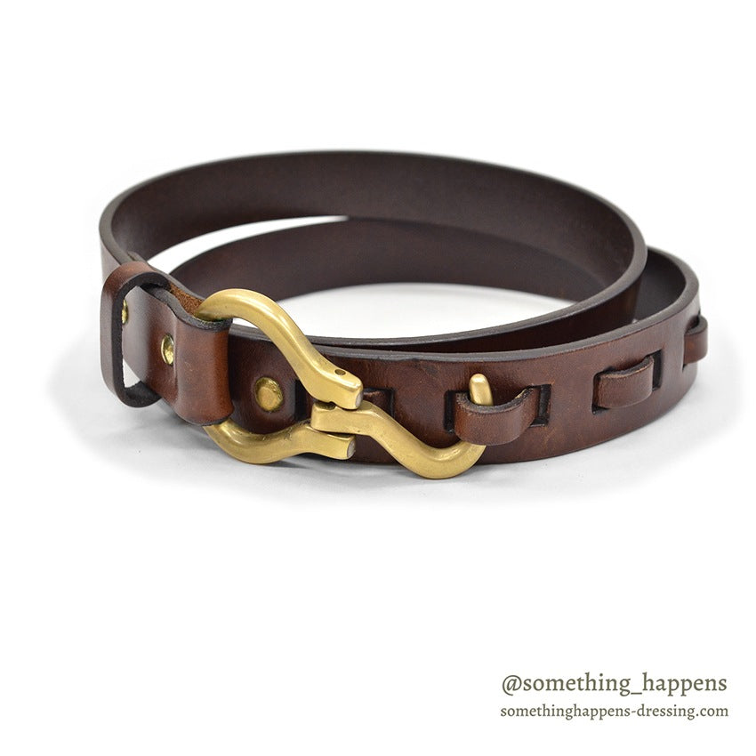 1980's~ ORVIS BRASS HOOK LEATHER BELT / BROWN...