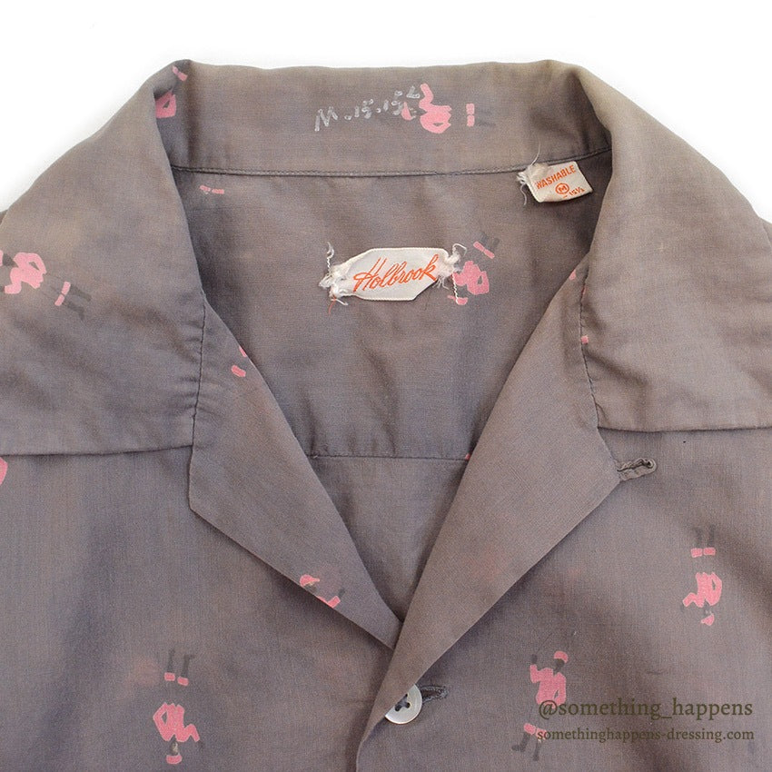 1950's GRAY/PINK JOCKEY PRINT S/S SHIRT ... M