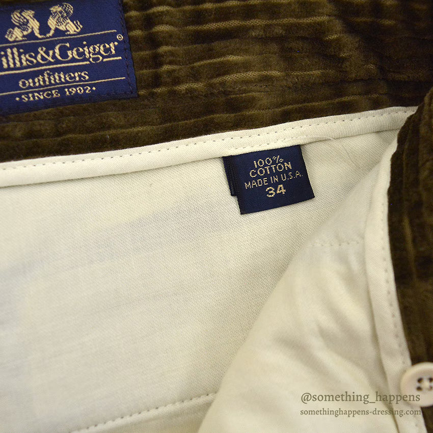 1990's WILLIS & GEIGER OLIVE GREEN CORDUROY PANTS...W34