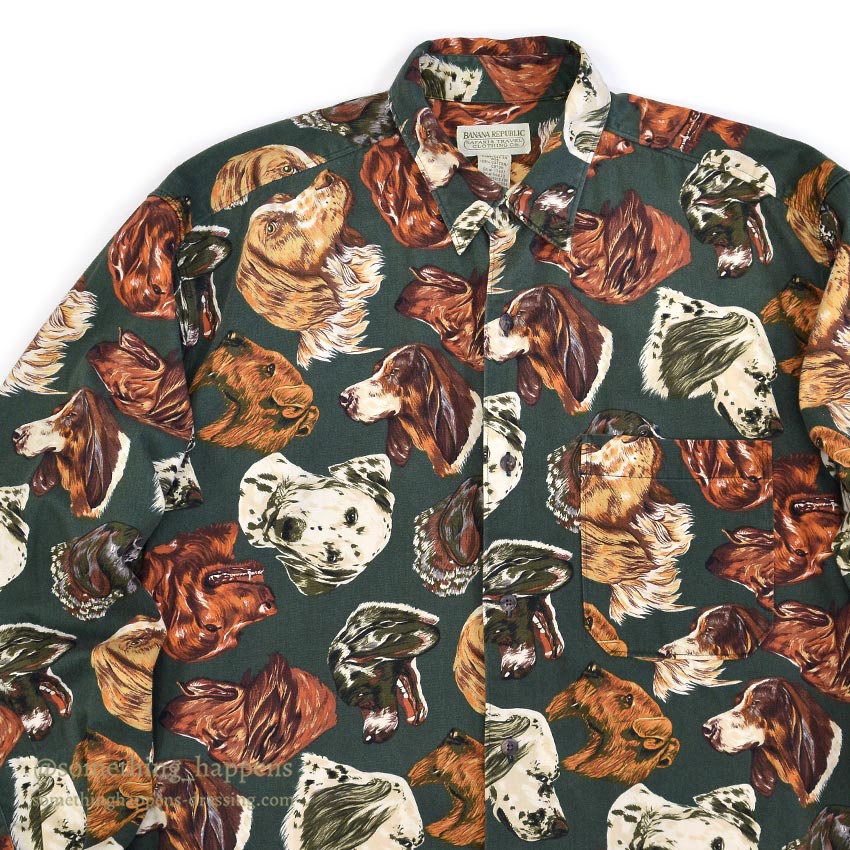 1980's BANANA REPUBLIC SAFARI & TRAVEL DOG ​​PRINT SHIRT 2 ... M