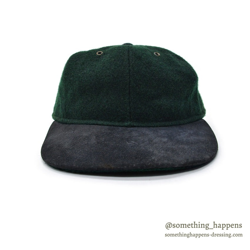 1990's LAKE OF THE ISLES GREEN WOOL / SUEDE LEATHER CAP... L