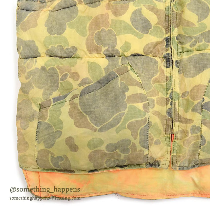 1960's~ CAMO / ORANGE REVERSIBLE NYLON PADDED VEST / FADED...