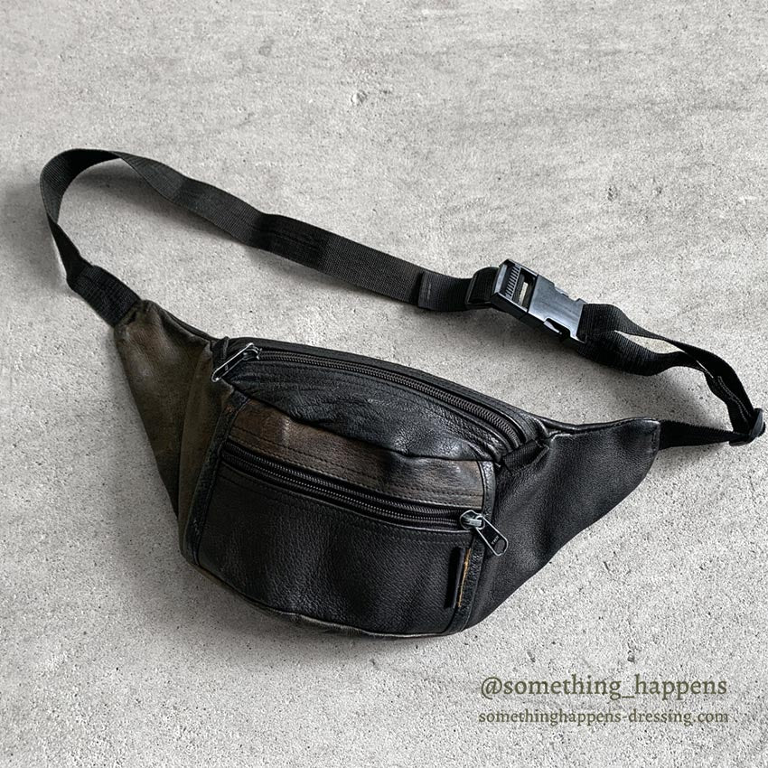 1980's EDDIE BAUER LEATHER FANNY PACK BLACK...