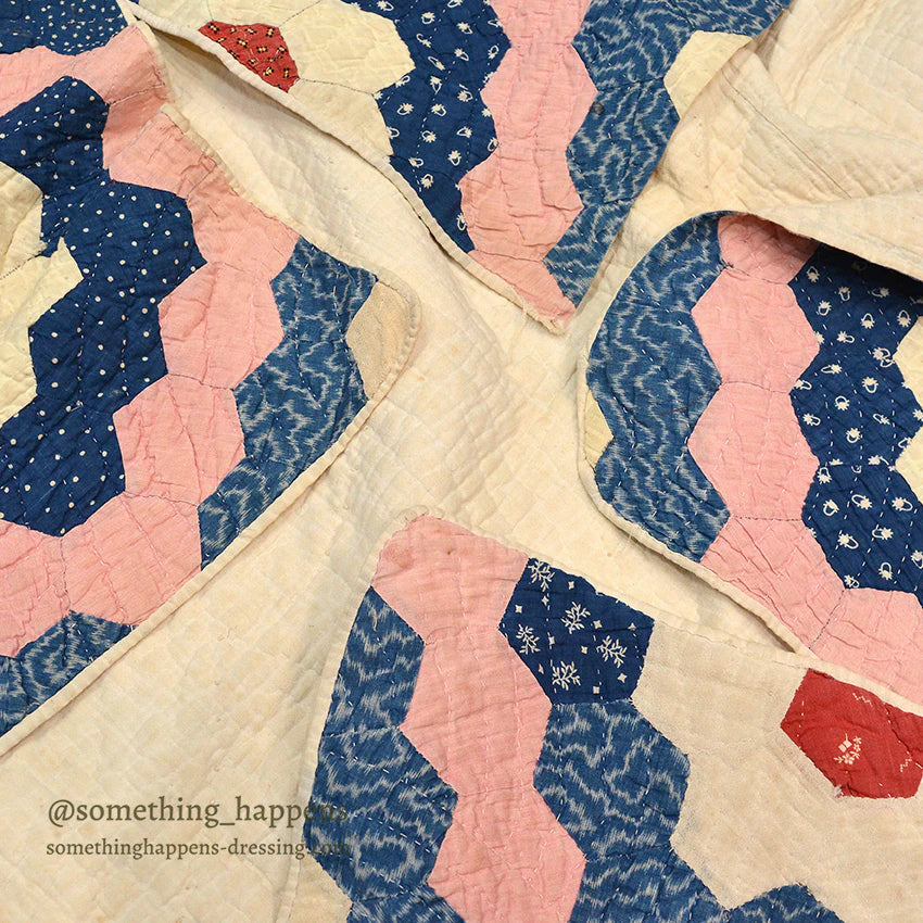 ANTIQUE GRANDMOTHER'S FLOWER GARDEN INDIGO CALICO PATCHWORK QUILT... 208cm/190cm