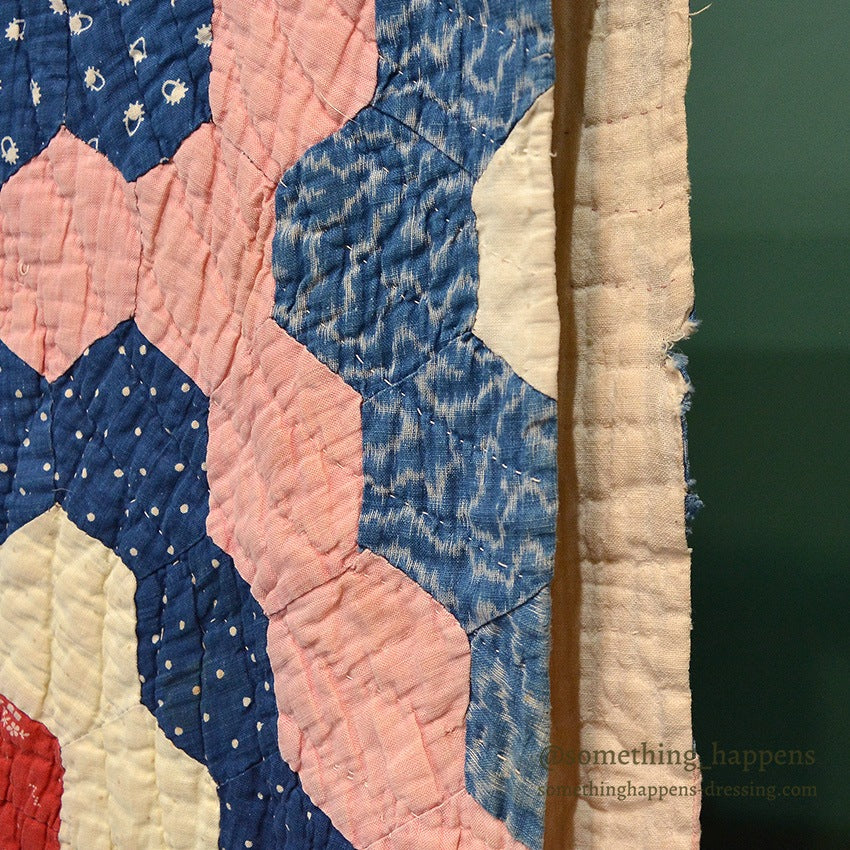 ANTIQUE GRANDMOTHER'S FLOWER GARDEN INDIGO CALICO PATCHWORK QUILT... 208cm/190cm