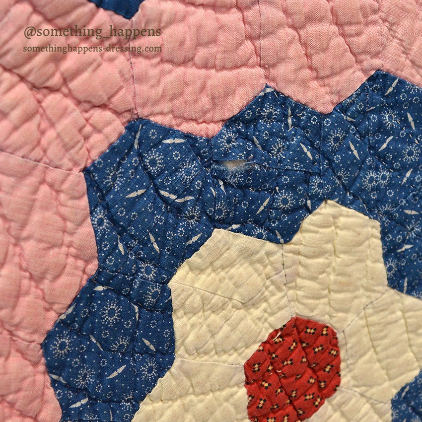 ANTIQUE GRANDMOTHER'S FLOWER GARDEN INDIGO CALICO PATCHWORK QUILT... 208cm/190cm