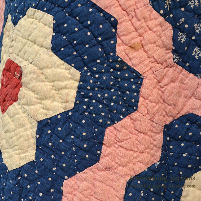 ANTIQUE GRANDMOTHER'S FLOWER GARDEN INDIGO CALICO PATCHWORK QUILT... 208cm/190cm