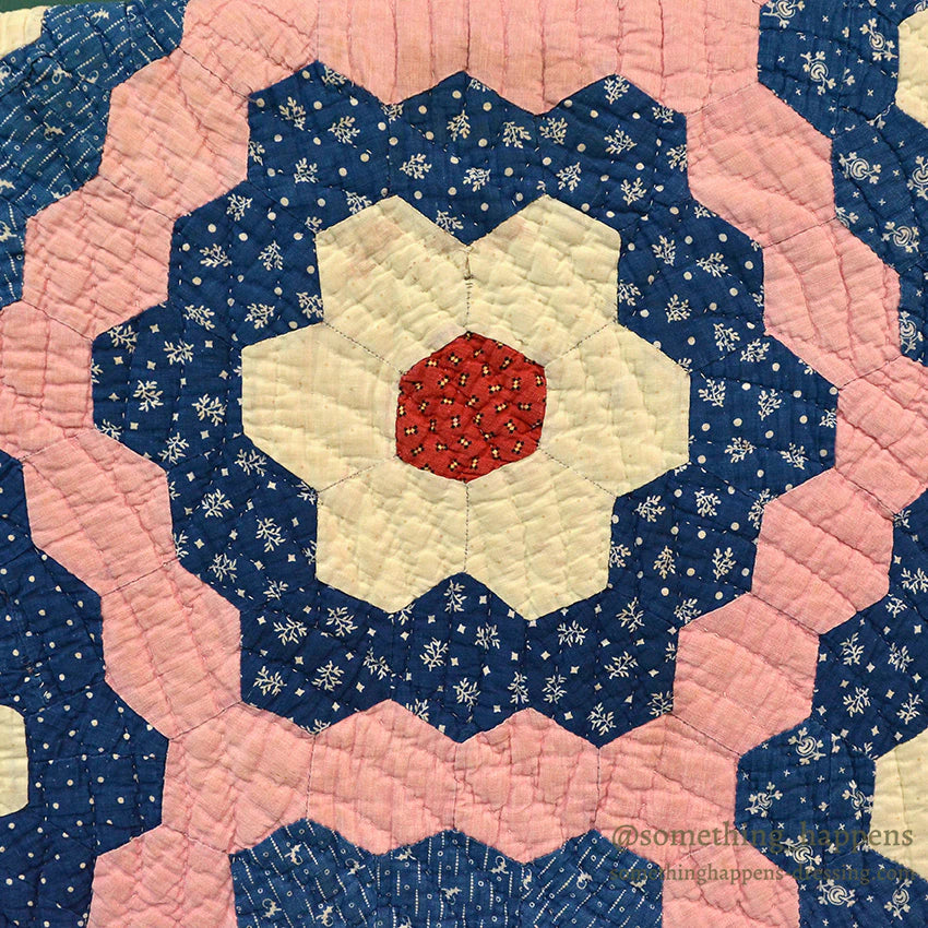 ANTIQUE GRANDMOTHER'S FLOWER GARDEN INDIGO CALICO PATCHWORK QUILT... 208cm/190cm