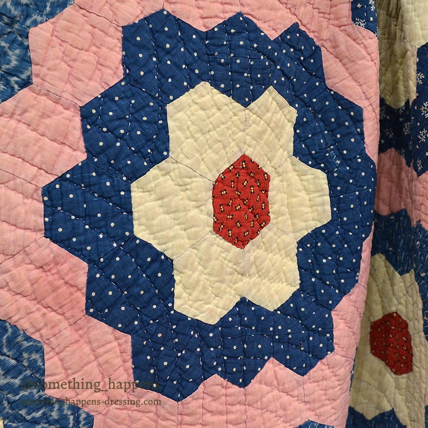 ANTIQUE GRANDMOTHER'S FLOWER GARDEN INDIGO CALICO PATCHWORK QUILT... 208cm/190cm
