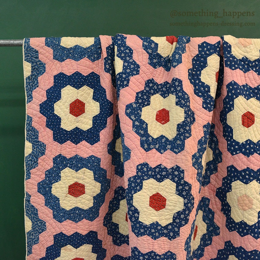 ANTIQUE GRANDMOTHER'S FLOWER GARDEN INDIGO CALICO PATCHWORK QUILT... 208cm/190cm