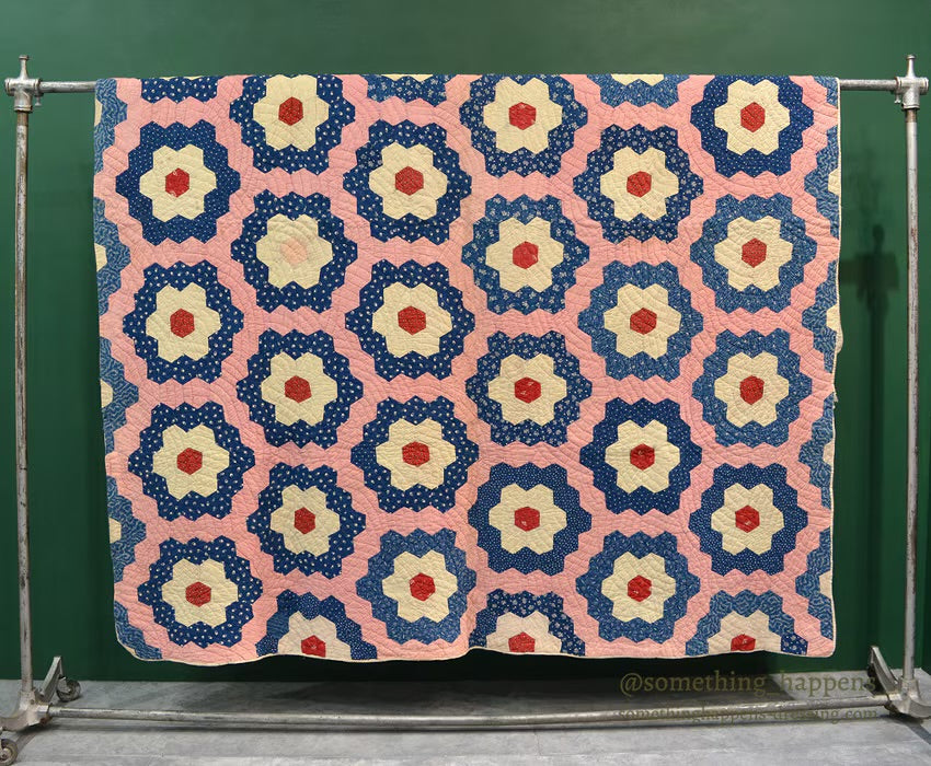 ANTIQUE GRANDMOTHER'S FLOWER GARDEN INDIGO CALICO PATCHWORK QUILT... 208cm/190cm