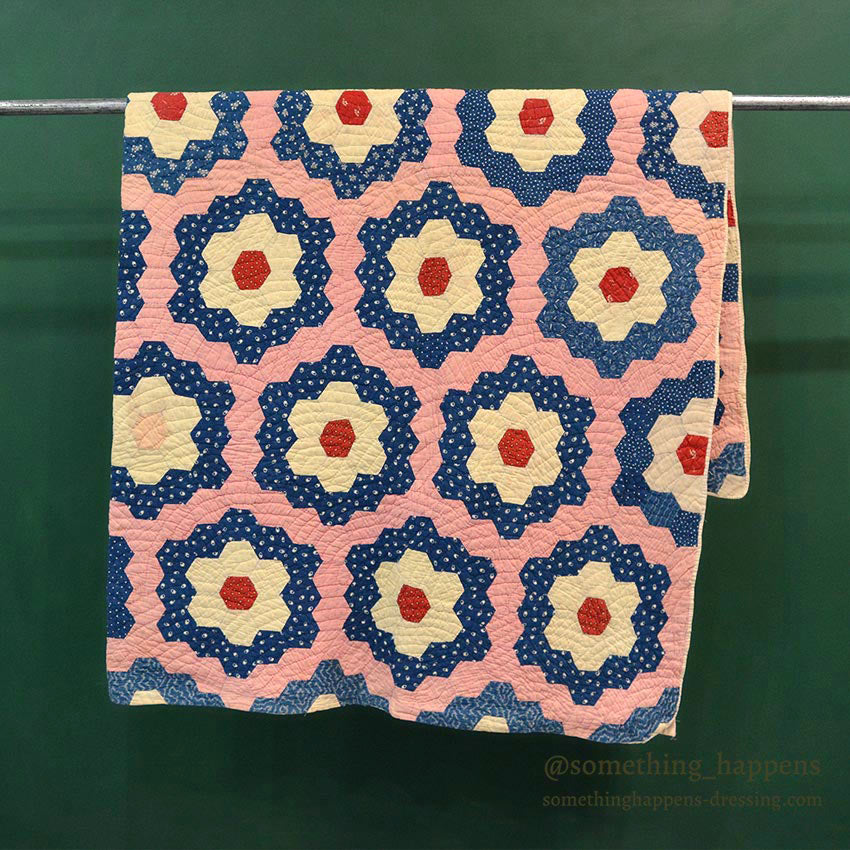 ANTIQUE GRANDMOTHER'S FLOWER GARDEN INDIGO CALICO PATCHWORK QUILT... 208cm/190cm
