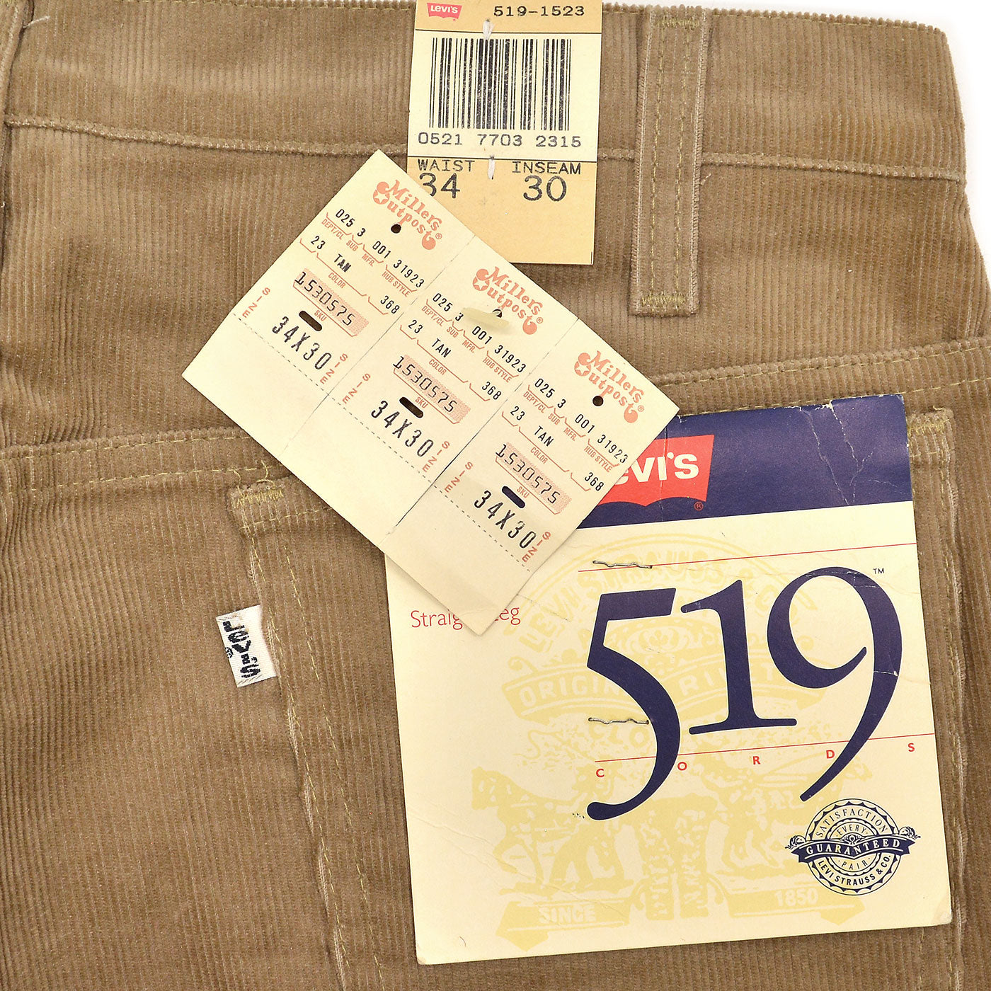 1980's DEADSTOCK Levi's 519-1523 CORDUROY PANTS / TAN ... W34/L30