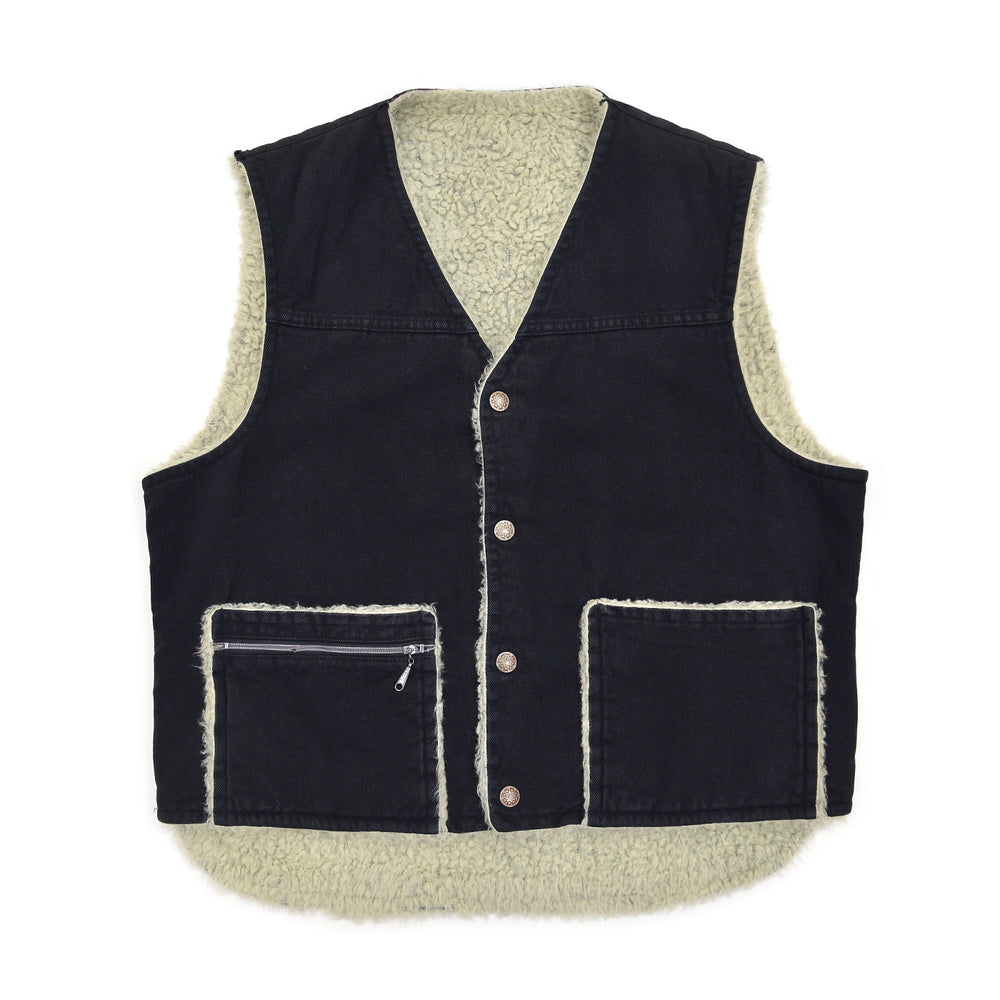 ~1970s BLACK TWILL REVERSIBLE BOA VEST / UNUSUAL ...