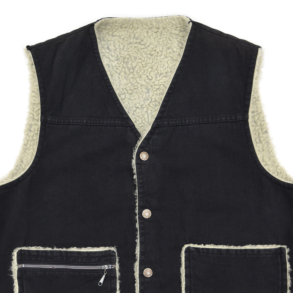 ~1970s BLACK TWILL REVERSIBLE BOA VEST / UNUSUAL ...